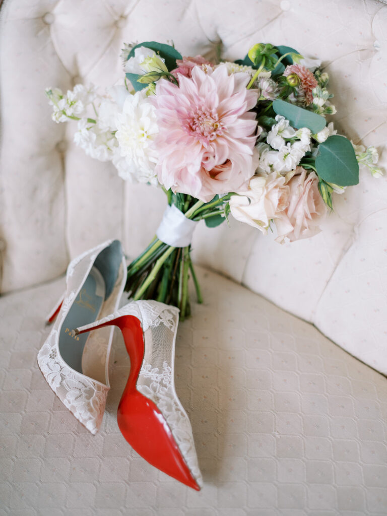 Louboutin bridal shoes and bridal bouquet the morning of the wedding | What to do the week of the wedding