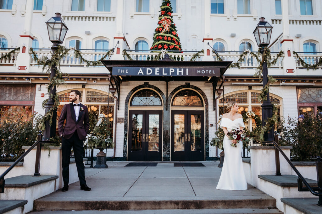 The Adelphi from the outside, as you're taking a stroll down broadway in Saratoga Springs. One of our favorite Saratoga wedding venues!