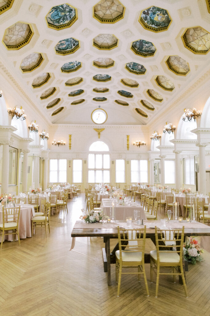 The Canfield Casino set up for a wedding, and showcasing it's very unique ceiling. One of our favorite Saratoga wedding venues!