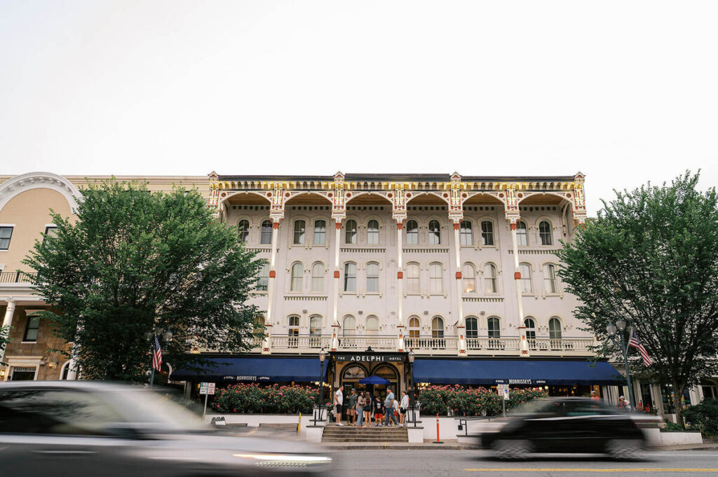 Exterior of The Adelphi Hotel in Saratoga Springs, New York, a luxury wedding venue for full-service wedding planning.